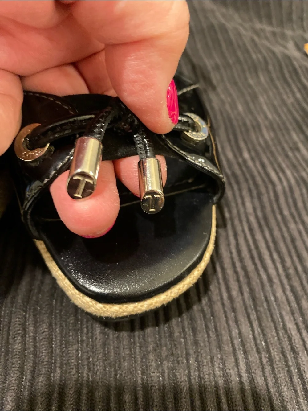Tod's Black Patent Leather Wedge Sandals with Natural Woven Heel